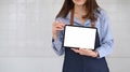 Young woman coffee shop owner in apron showing digital tablet. Blank screen for advertising text. Royalty Free Stock Photo