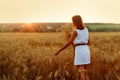 A young woman collects ears of rye. A lady enjoys the sunset in a wheat field. The concept of a rich harvest
