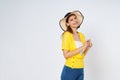 Young woman in colorful clothes and sun hat, isolated over white background.Lifestyle summer concept Royalty Free Stock Photo