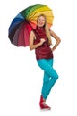 Young woman with colourful umbrella isolated Royalty Free Stock Photo