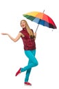 Young woman with colourful umbrella isolated Royalty Free Stock Photo