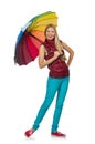 Young woman with colourful umbrella isolated Royalty Free Stock Photo