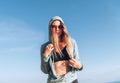 Young woman in comfort fashion sport outfit enjoing with calm morning sun Royalty Free Stock Photo