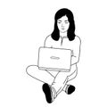 Young woman with computer. Girl sitting, written and reading.Vector.