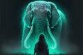 A young woman confronts a giant elephant with tusks that radiate a luminous green glow. Fantasy concept , Illustration painting.