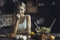 Young Woman Cooking. Healthy Food - Vegetable Salad. Diet. Dieting Concept. Healthy Lifestyle. Cooking At Home. Prepare Royalty Free Stock Photo