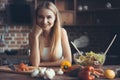 Young Woman Cooking. Healthy Food - Vegetable Salad. Diet. Dieting Concept. Healthy Lifestyle. Cooking At Home. Prepare Royalty Free Stock Photo