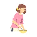 Young Woman Cooking in the Kitchen, Girl Mixing Dough in Bowl Cartoon Style Vector Illustration