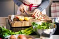 Young Woman Cooking in the kitchen. Healthy Food for Christmas stuffed duck or Goose Royalty Free Stock Photo