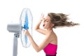 Young woman with cooler fan