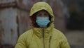 Young woman corrects green surgical mask with hands in plastic gloves during coronavirus epidemic. Slow motion shot