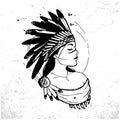 Young woman in costume of American Indian. Silhouette of beautiful Indian women. Sketch abstract to Create Distressed Effect Royalty Free Stock Photo