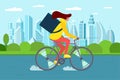 Young woman courier with backpack box riding bicycle and carries goods and food package on modern city street. Fast