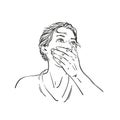 Young woman covered her mouth with her hand and looking up on side Vector sketch, Hand drawn line art female portrait