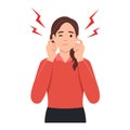 Young woman covering ears and silence concept. Young sad irritated woman cartoon character standing covering her ears with fingers