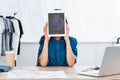 young woman covering face by ipad tablet Royalty Free Stock Photo