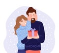 Young woman covering his boyfriend eyes to give a surprise gift. Happy couple celebrating christmas. Flat hand-drawn