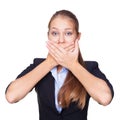 Young woman covering mouth with her hands Royalty Free Stock Photo