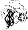 Young woman with a cowboy hat. Cowgirl Vintage engraved style hand drawn vector illustration isolated on white Royalty Free Stock Photo