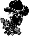 Young woman with a cowboy hat. Cowgirl Vintage engraved style hand drawn vector illustration isolated on white Royalty Free Stock Photo