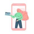 Young Woman with Credit Card as Victim of Internet Fraud Vector Illustration