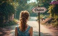 Young woman at a crossroads with a signpost pointing to Choice, symbolizing life decisions, direction, and the uncertainty of Royalty Free Stock Photo