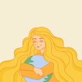 Young woman crying embracing planet Earth. Girl protects world. Stop war, love and peace concept vector illustration. Ecology