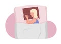 Young woman cuddling striped pillow while sleeping semi flat color vector character
