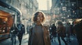 Young woman with curly hair in beige coat and beige jacket walking in the city and looking at camera