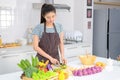 The young woman is cutting vegetables in the kitchen, cucumber slices that are sliced Royalty Free Stock Photo