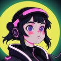 Young woman cyberpunk high technology hacker scifi, , cute simple anime style illustration