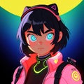 Young woman cyberpunk high technology hacker scifi, , cute simple anime style illustration