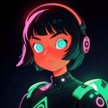 Young woman cyberpunk high technology hacker scifi, , cute simple anime style illustration