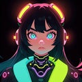 Young woman cyberpunk high technology hacker scifi, , cute simple anime style illustration