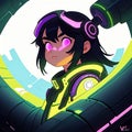 Young woman cyberpunk high technology hacker scifi, , cute simple anime style illustration