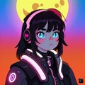 Young woman cyberpunk high technology hacker scifi, , cute simple anime style illustration