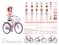 Young woman cycling city bike. Character creation set
