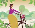 Young woman cyclist as rides a bike concept, flat vector stock illustration of riding a bike in a park on nature Royalty Free Stock Photo