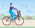 Young woman cyclist as rides a bike concept, flat vector stock Young woman cyclist as rides a bike concept, flat vector stock Royalty Free Stock Photo