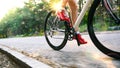 Young Woman Cyclist Riding Road Bicycle on the Free Road in the Forest at Hot Summer Day. Healthy Lifestyle Concept Royalty Free Stock Photo