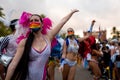 A young woman dancer dances 2021 Pride parade in Barcelona, Spain on September 5, 2021, organized by Lgbti+ and lgbt collectives