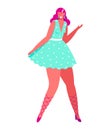 Young woman dancing in a retro turquoise polka dot dress, expressing joy and playfulness. Fashionable female character