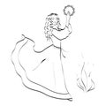 Young woman dancing with a tambourine Linear vector illustration
