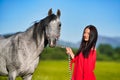 Young woman with dark hair and bright red dress walking her Arabian gray horse in green field on sunny day, closeup detail Royalty Free Stock Photo