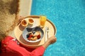 Young woman with delicious breakfast on tray near swimming pool, closeup Royalty Free Stock Photo