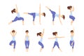 Young woman in different asanas poses set, girl doing yoga exercises vector Illustrations on a white background Royalty Free Stock Photo