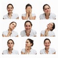 Young woman with different emotions. Brunette in a white blouse on a white background. Collage. Square format