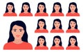 Young woman with different emotions on her face. Facial expression set, mood. Happy, anger, surprise, depression. Vector Royalty Free Stock Photo