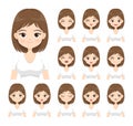 Young woman with different facial expressions. Flat cartoon girl with various emotions isolated on white background. Royalty Free Stock Photo