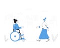 Young woman with disabilities meeting with her friend. Female character in wheelchair talking with adult womwn. Adult persons